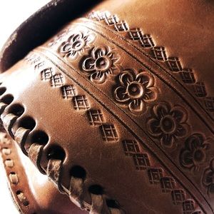 Handmade, cylinder leather bag, Mexican folk art.